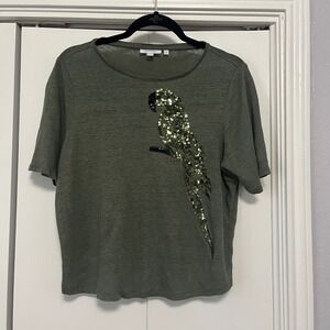 Chicos Women Olive Green 100% Linen Sequin Parrot Short Sleeve Tee Top Size 2 L